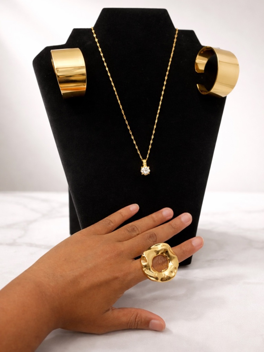 Gold Tone Necklace, earrings & Statement Ring Set - Women Jewelry